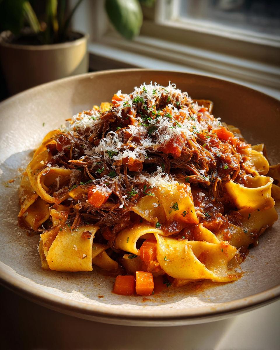 A generous portion of short rib ragu served over wide pappardelle noodles, topped with grated Parmesan cheese and parsley.