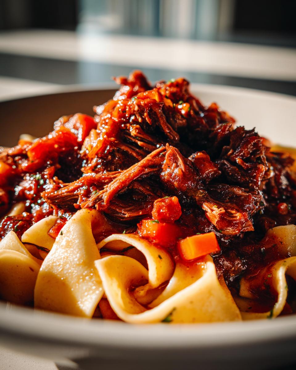 Close-up of rich short rib ragu piled high on wide pappardelle pasta, with visible chunks of tomato and carrot.