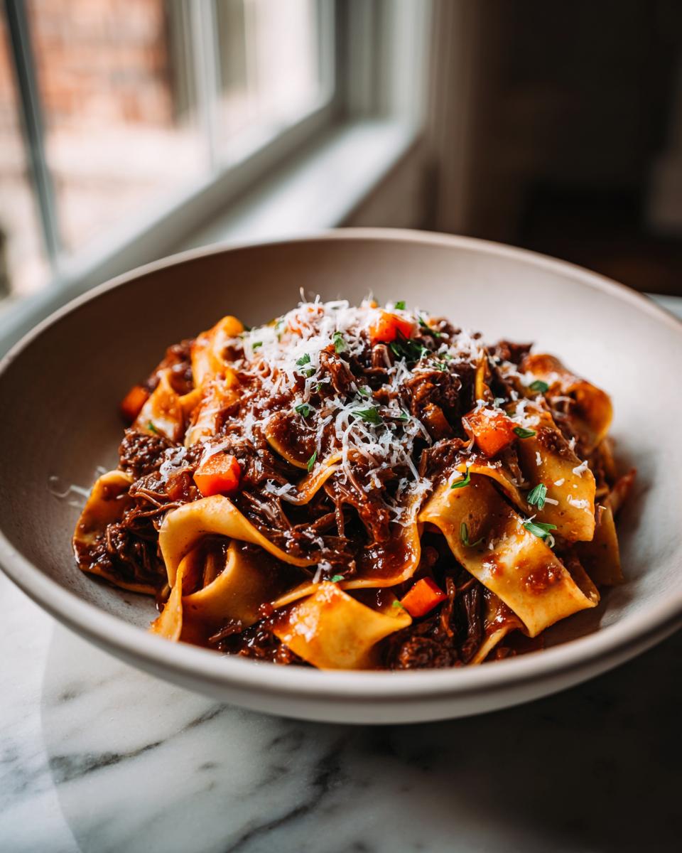 A close-up of a bowl of short rib ragu pasta, featuring wide pappardelle noodles coated in rich sauce and topped with shredded short rib, diced carrots, and grated Parmesan cheese.