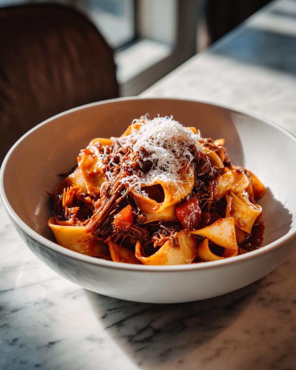A close-up of a bowl of short rib ragu pasta, topped with shredded Parmesan cheese.