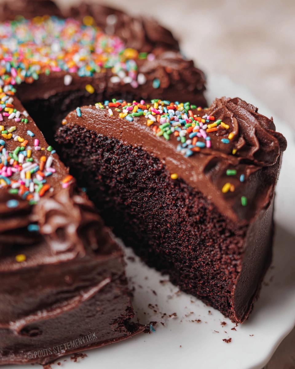A slice of single layer chocolate cake with rich chocolate frosting and colourful sprinkles, inspired by Mary Berry.