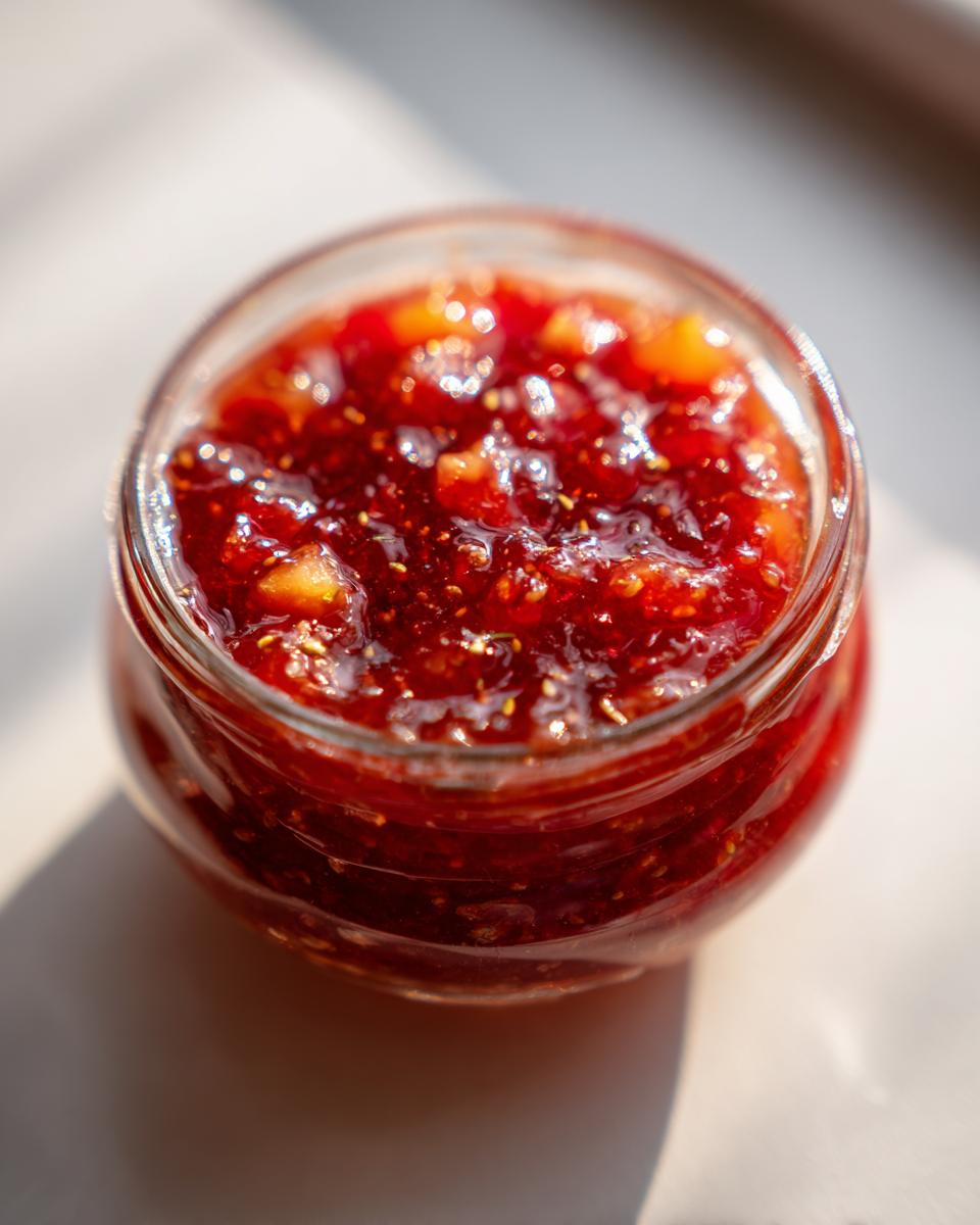 Close-up of a jar filled with glistening small batch frog jam, showcasing its rich red color and chunky texture.