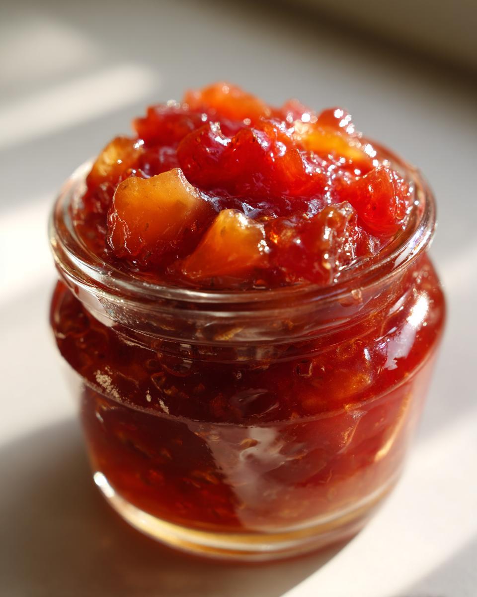Close-up of a small glass jar filled with glistening, ruby-red small batch frog jam.