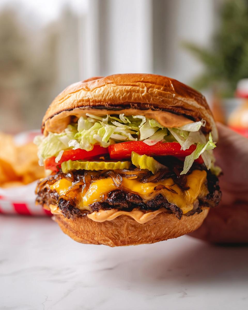 A juicy Smash Burger with Caramelized Onions and Special Sauce, topped with lettuce, tomato, and pickles.