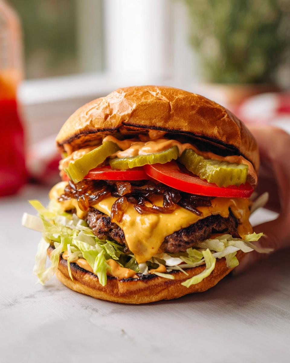 A close-up of a juicy smash burger with caramelized onions, melted cheese, pickles, and special sauce.