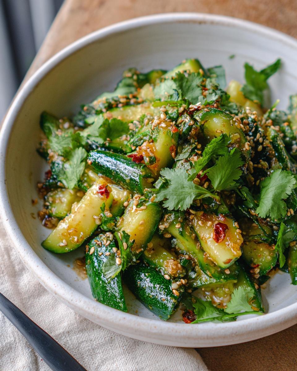 Close-up of a bowl filled with Smashed Asian Cucumber Salad, featuring smashed cucumber pieces, sesame seeds, cilantro, and chili flakes.