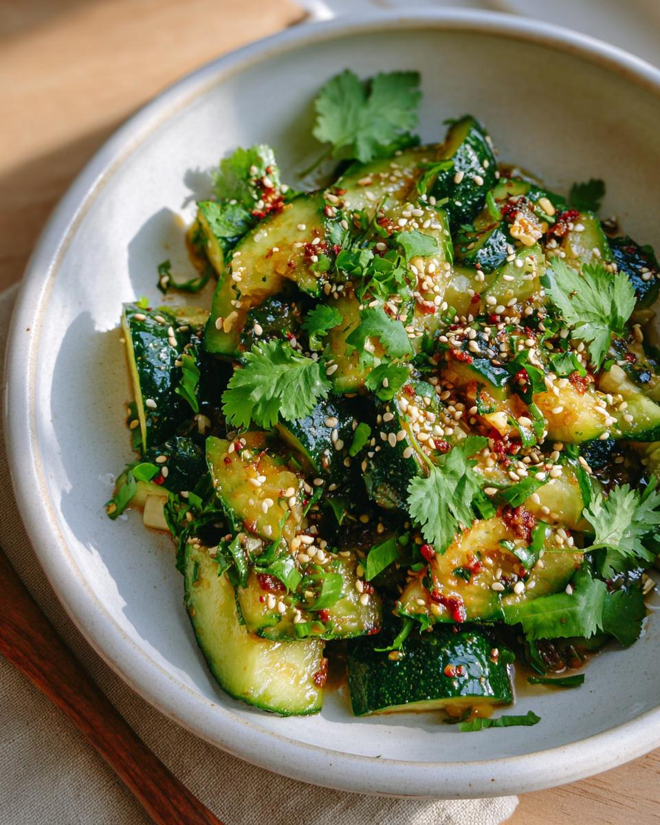 Close-up of Smashed Asian Cucumber Salad in a bowl, topped with sesame seeds, cilantro, and chili flakes.