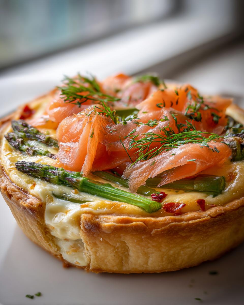 A close-up of a delicious Smoked Salmon Tart, topped with fresh asparagus spears and dill.