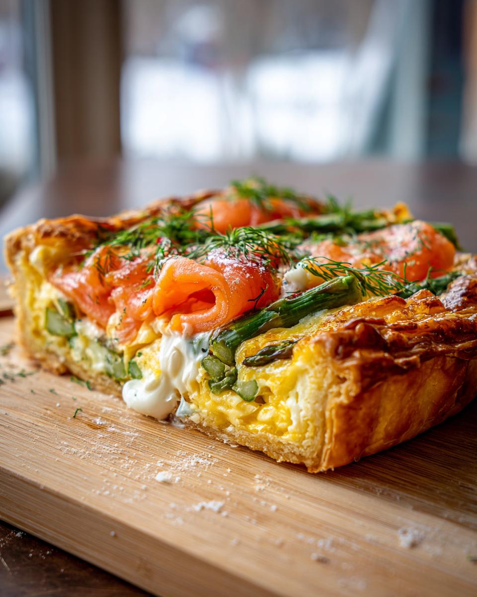 A slice of Smoked Salmon Tart featuring flaky pastry, creamy filling, asparagus spears, and rolled smoked salmon, garnished with fresh dill.