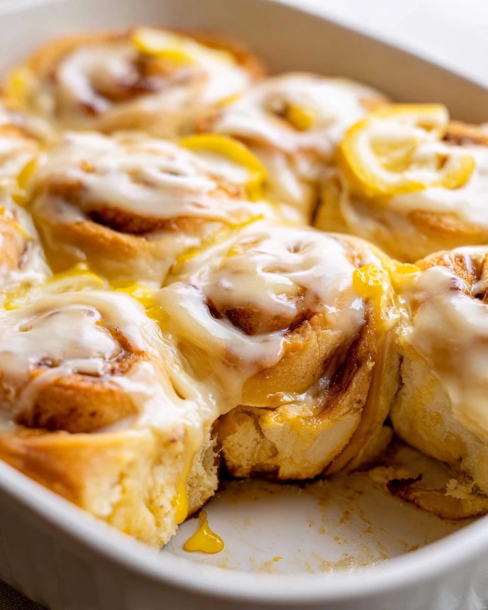 Close-up of Soft Lemon Sweet Rolls with Cream Cheese Frosting in a baking dish, topped with lemon slices.