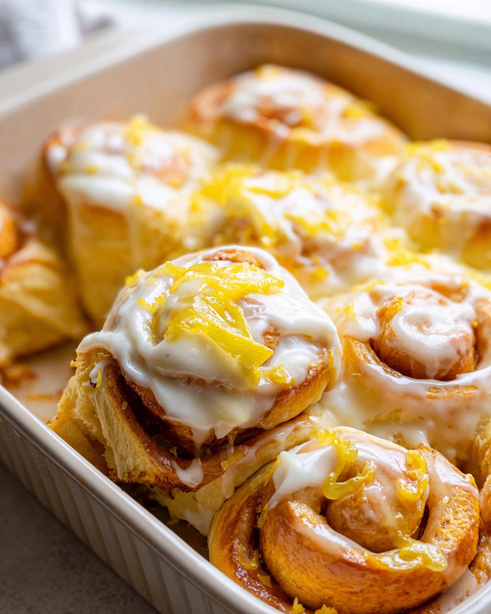 Close-up of freshly baked soft lemon sweet rolls topped with cream cheese frosting and lemon zest.