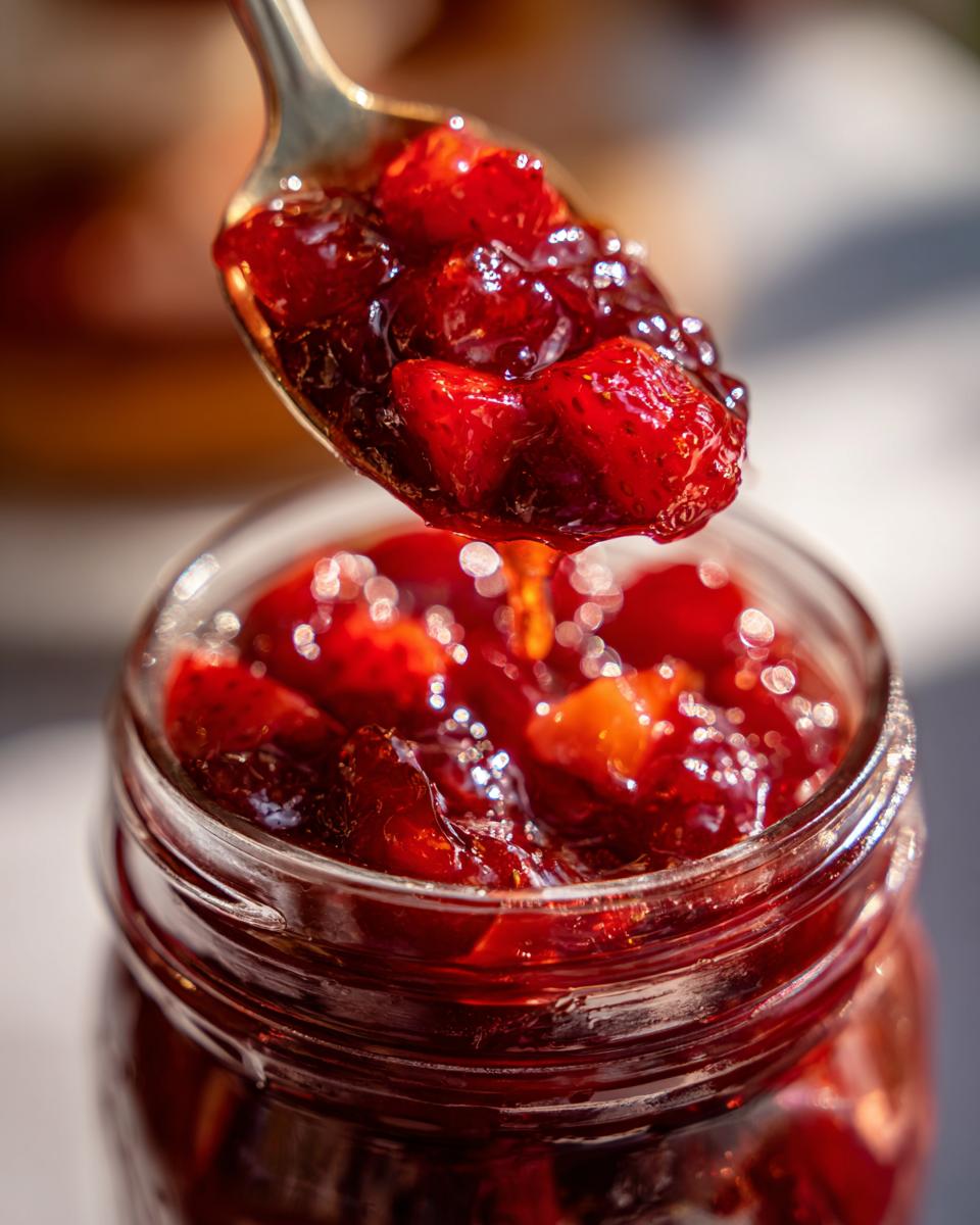 A spoonful of glistening southern frog jam, made with fresh strawberries, being lifted from a glass jar.