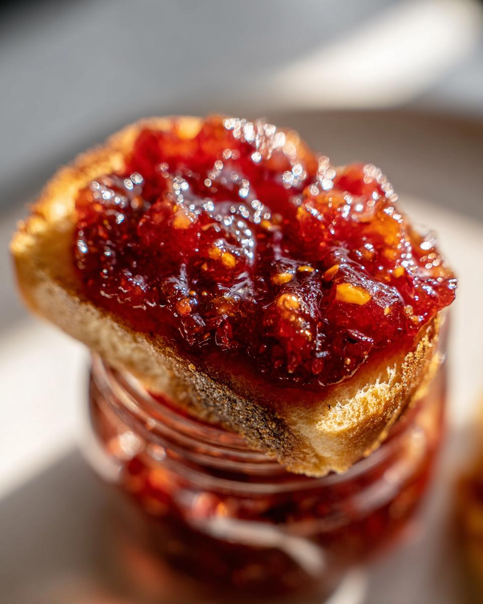 A slice of toasted bread topped with glistening southern frog jam, resting on a jar of the jam.