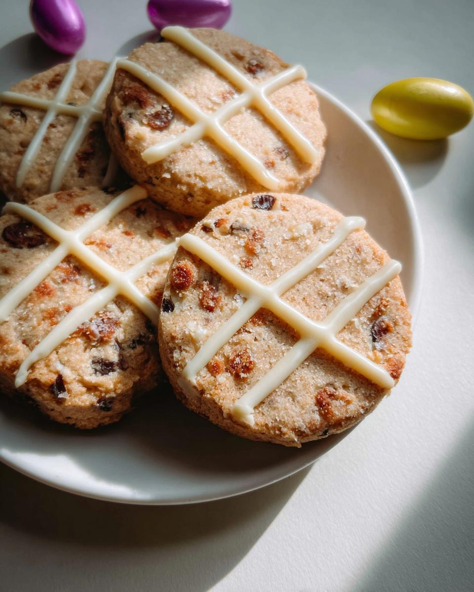 Close-up of Spiced Shortbread Cookies Inspired by Mary Berry on a white plate, decorated with white icing crosses and dried fruit.