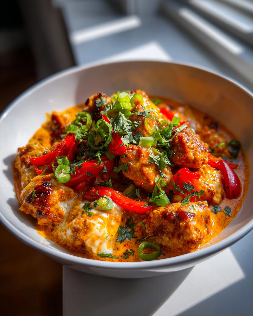 A close-up of a bowl of spicy coconut chicken, garnished with red peppers, green chilies, and fresh cilantro.