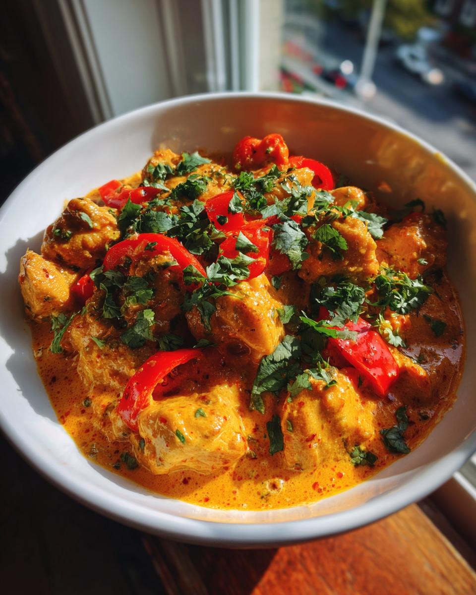 A bowl of delicious spicy coconut chicken with red bell peppers and fresh cilantro.