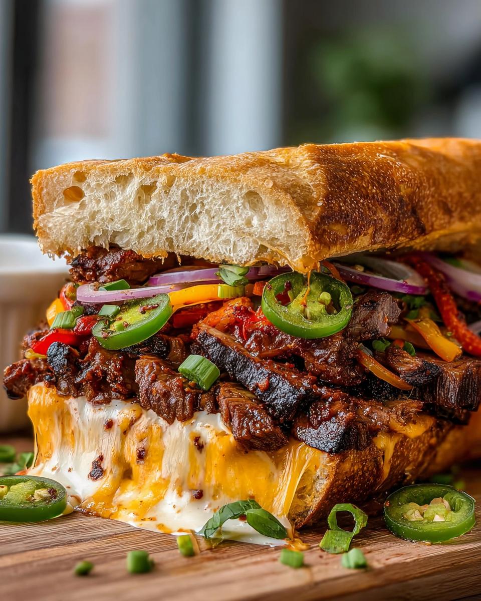 A close-up of a Spicy Korean Steak Sandwich overflowing with tender steak, melted cheese, jalapeños, and onions.