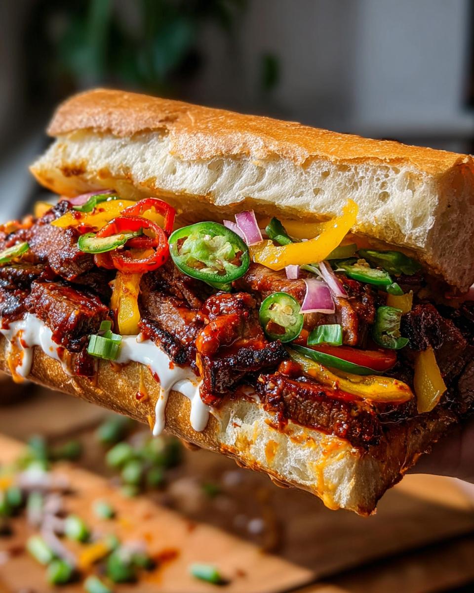 A close-up of a Spicy Korean Steak Sandwich filled with tender steak, colorful peppers, and creamy sauce.