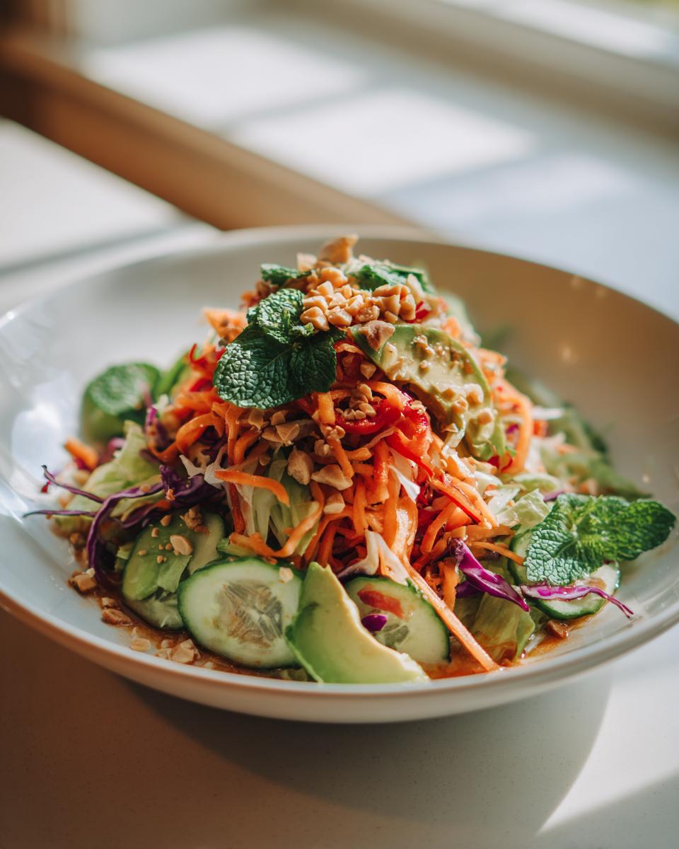 A vibrant bowl of spring roll salad featuring shredded carrots, cucumber slices, avocado, and fresh mint leaves.
