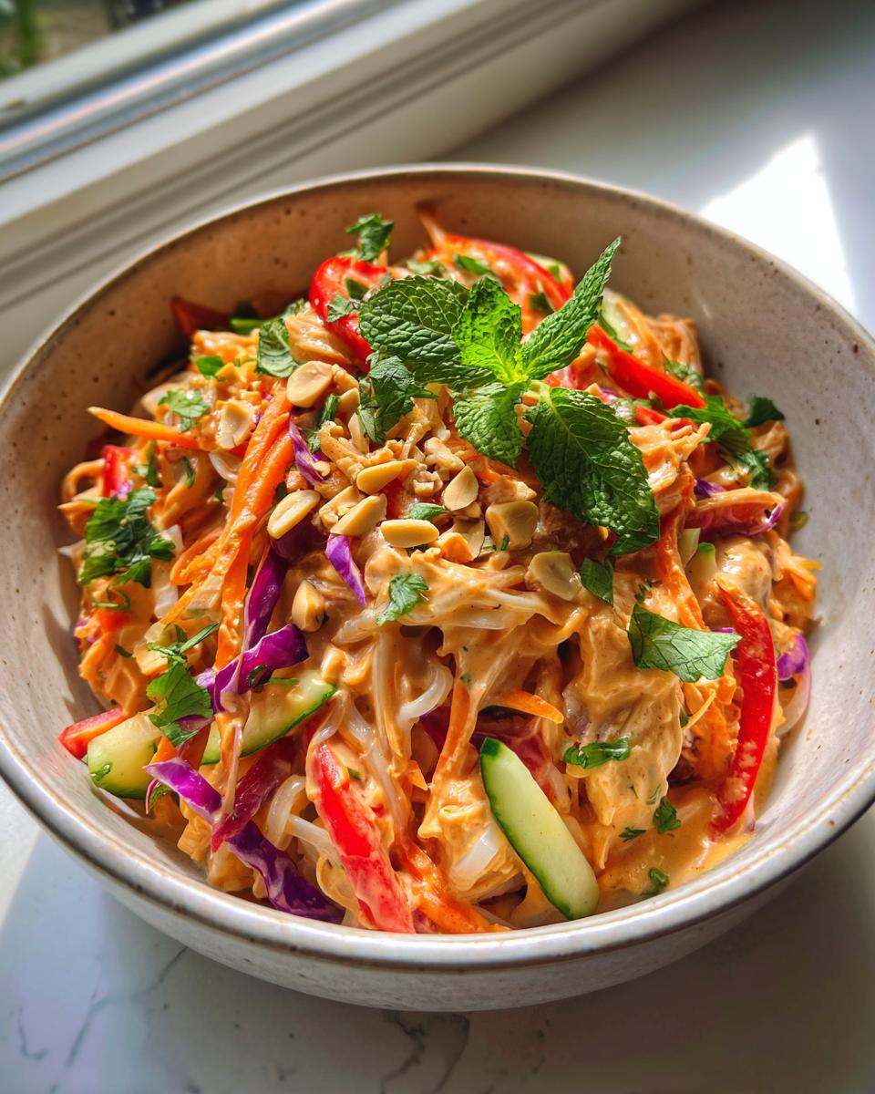 A vibrant spring roll salad bowl filled with noodles, shredded carrots, red cabbage, bell peppers, cucumber, and topped with peanuts and mint.