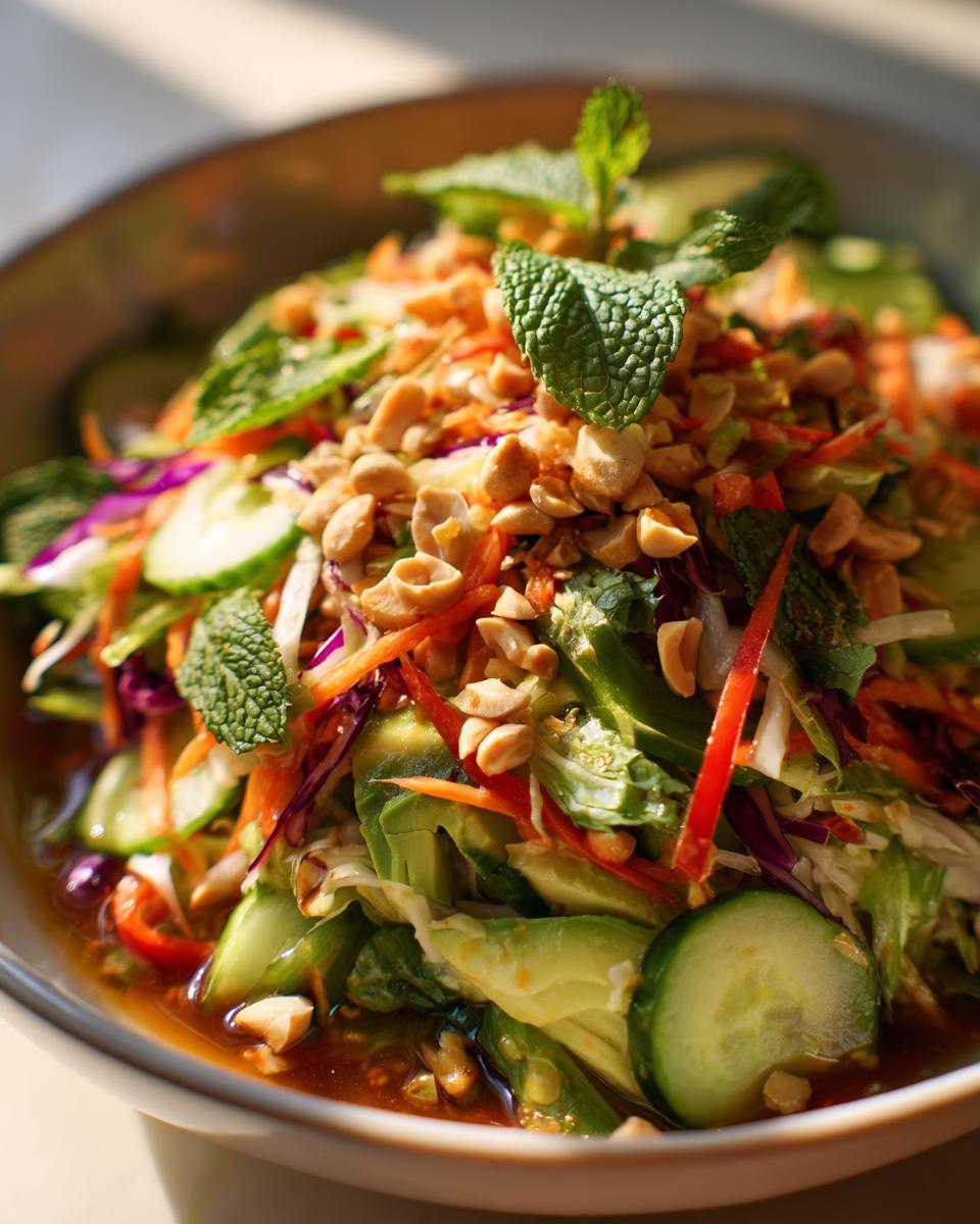 A vibrant bowl of spring roll salad featuring fresh vegetables, avocado, peanuts, and mint leaves.
