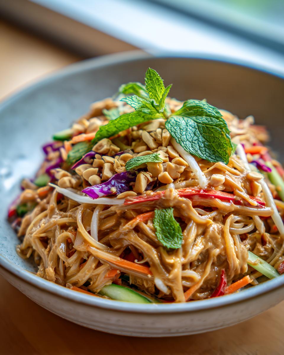 A refreshing spring roll salad with peanut sauce, topped with chopped peanuts and fresh mint leaves.