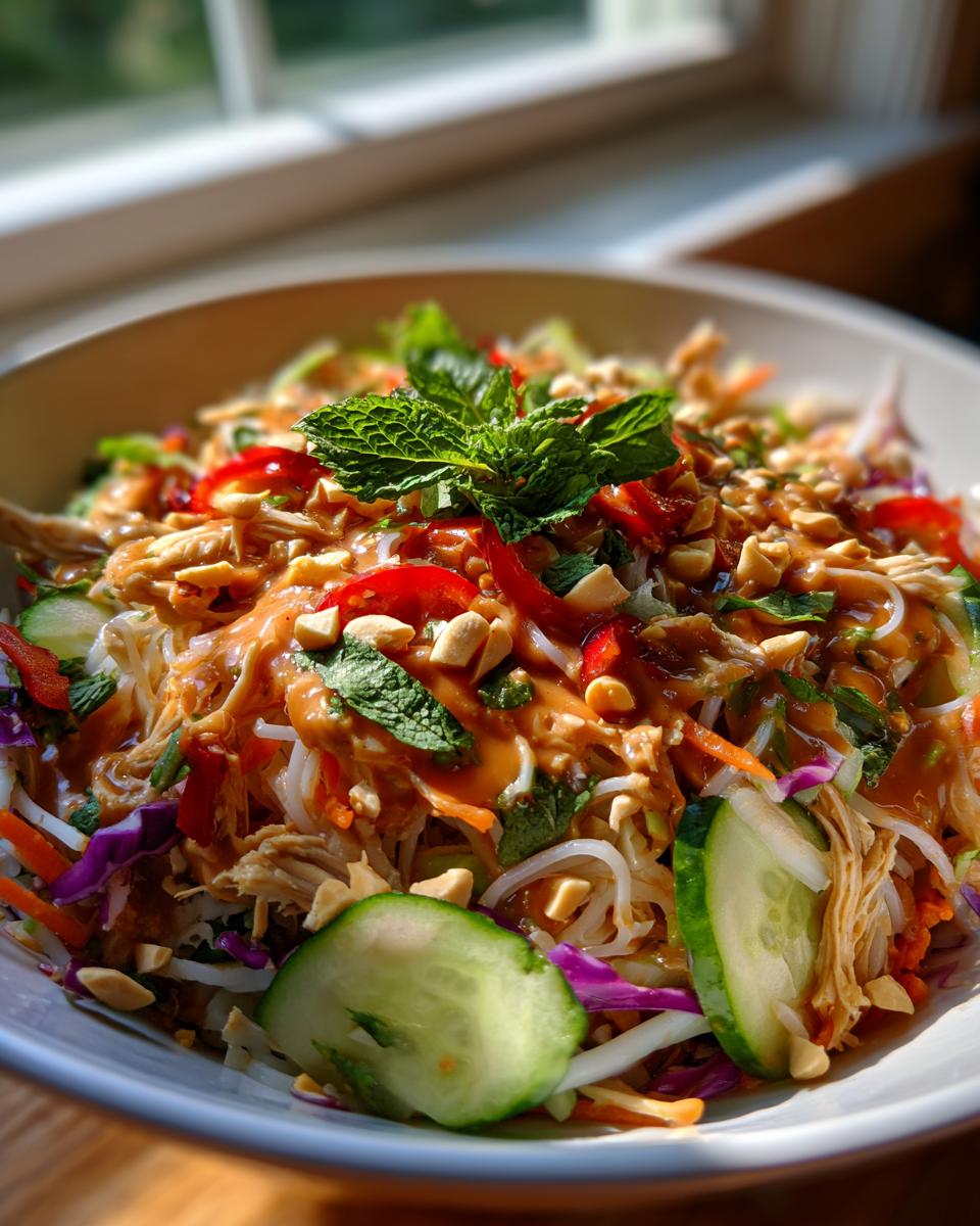 A vibrant bowl of spring roll salad with peanut sauce, featuring shredded chicken, noodles, colorful vegetables, mint, and peanuts.