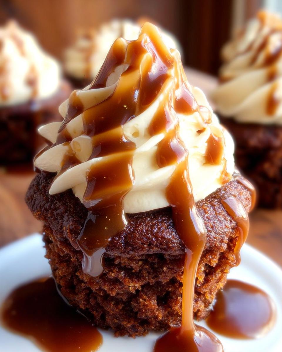 Close-up of a decadent Sticky Toffee Cupcake topped with swirls of buttercream and a rich caramel sauce.