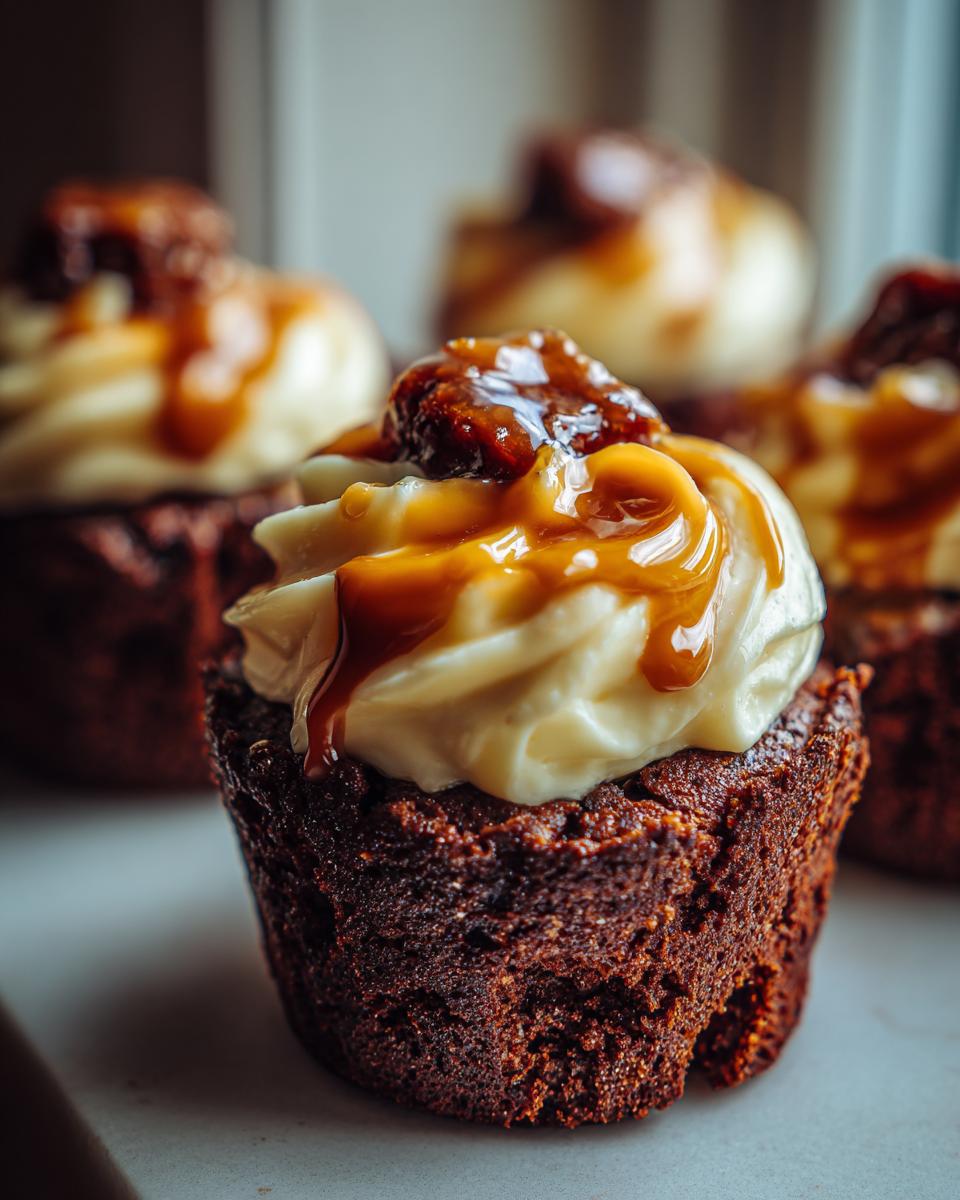 Close-up of a moist sticky toffee cupcake topped with creamy frosting and a rich caramel drizzle.