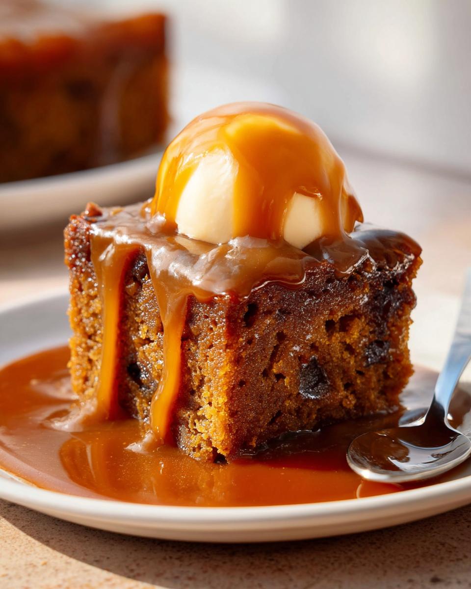 A rich slice of Sticky Toffee Pudding Mary Berry-Inspired, topped with vanilla ice cream and drizzled with caramel sauce.
