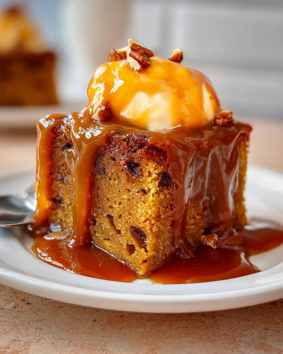 A generous slice of Sticky Toffee Pudding Mary Berry-Inspired, topped with melting ice cream, rich toffee sauce, and chopped pecans.