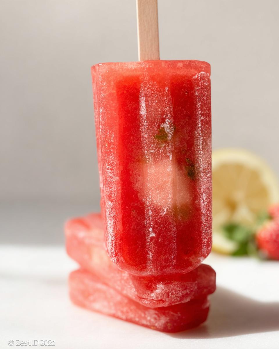 A stack of refreshing Strawberry Basil Lemonade Popsicles with Honey, with a slice of lemon and strawberries in the background.