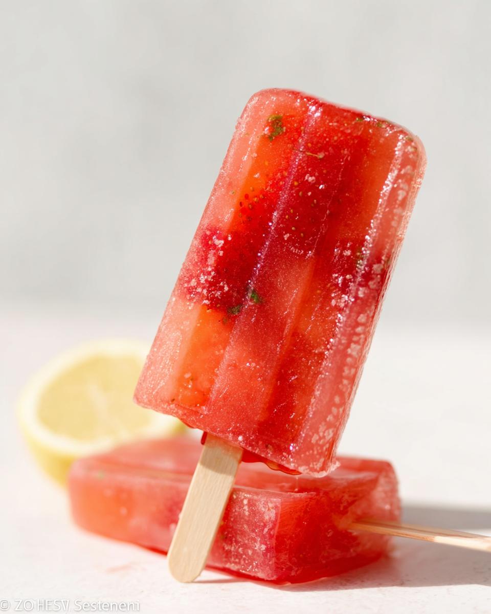 Close-up of Strawberry Basil Lemonade Popsicles with Honey, showing chunks of strawberry and basil within the frozen treat.
