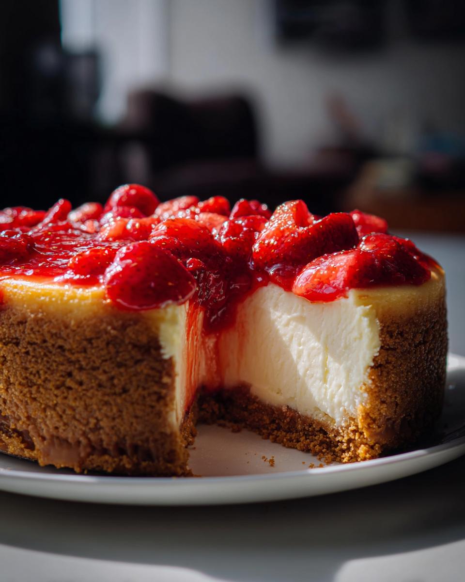 A slice taken out of a Strawberry Cheesecake inspired by Mary Berry, showing a creamy filling and strawberry topping.
