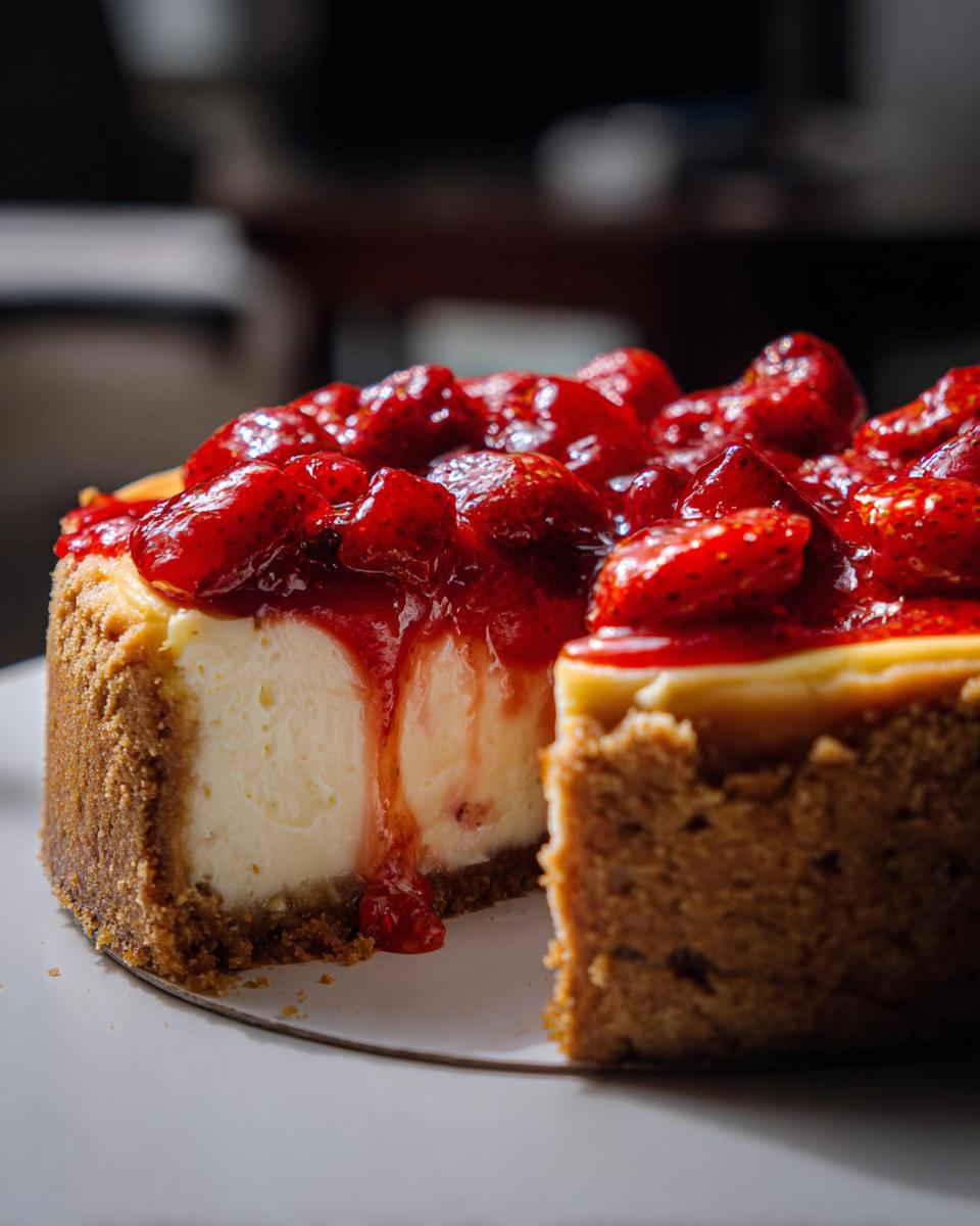 A close-up of a slice of Strawberry Cheesecake, inspired by Mary Berry, with a rich strawberry topping.