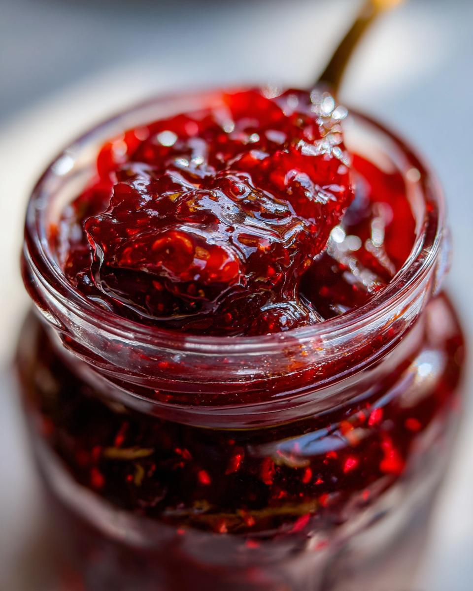 Close-up of a spoonful of glistening strawberry frog jam being lifted from a glass jar.