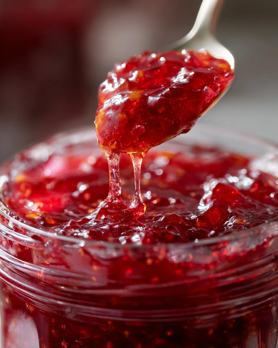 A spoonful of glistening strawberry frog jam being lifted from a jar, showing its thick, spreadable texture.