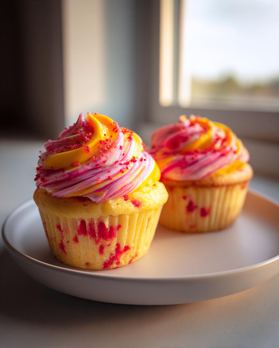 Two vibrant strawberry mango cupcakes with colorful swirled frosting and red sprinkles on a white plate.