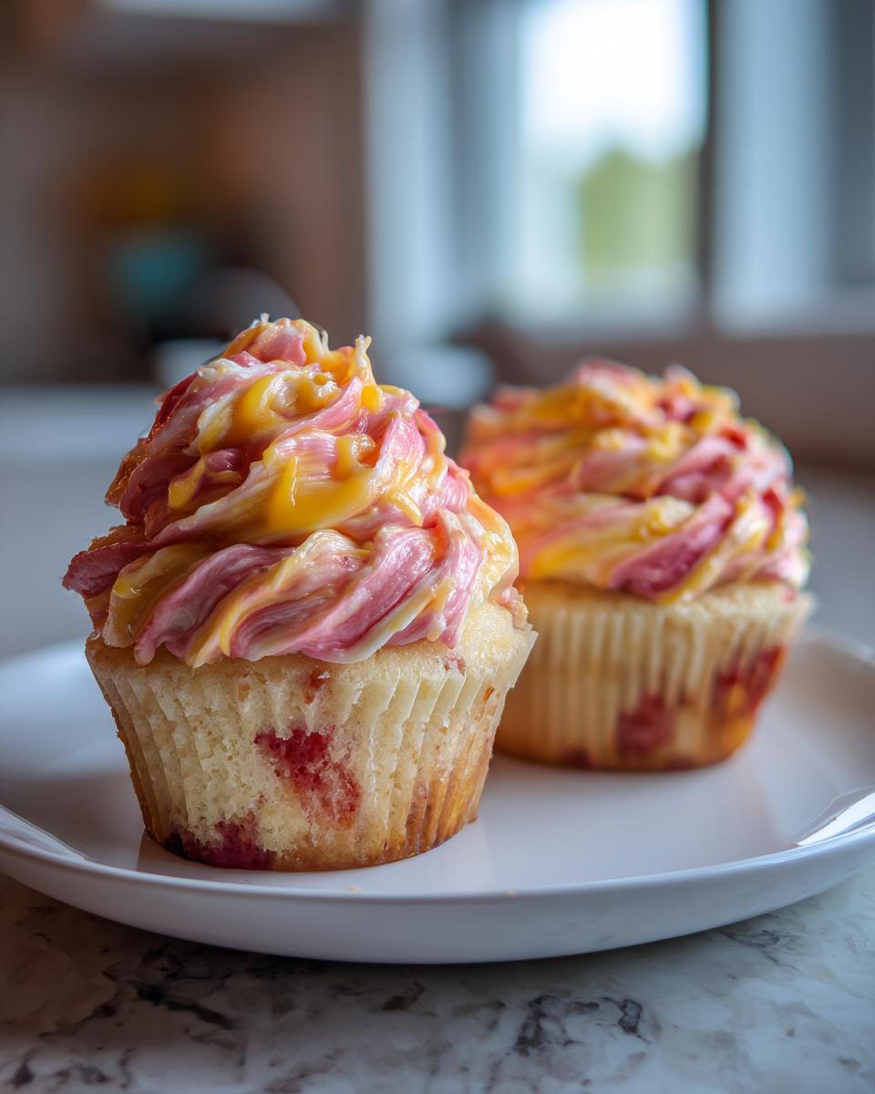Two delicious strawberry mango cupcakes with swirls of pink and yellow frosting on a white plate.