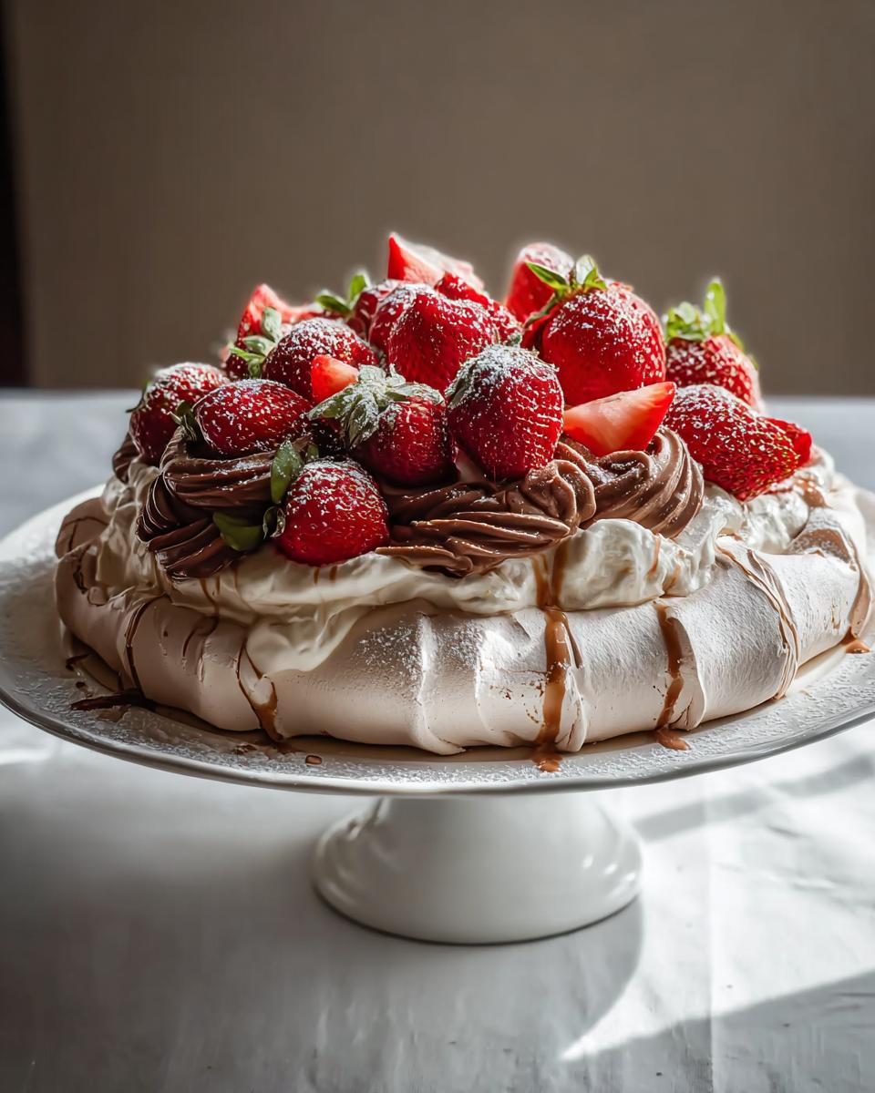 A stunning Strawberry Pavlova Nigella Lawson Inspired dessert, topped with fresh strawberries, chocolate cream, and dusted with icing sugar.