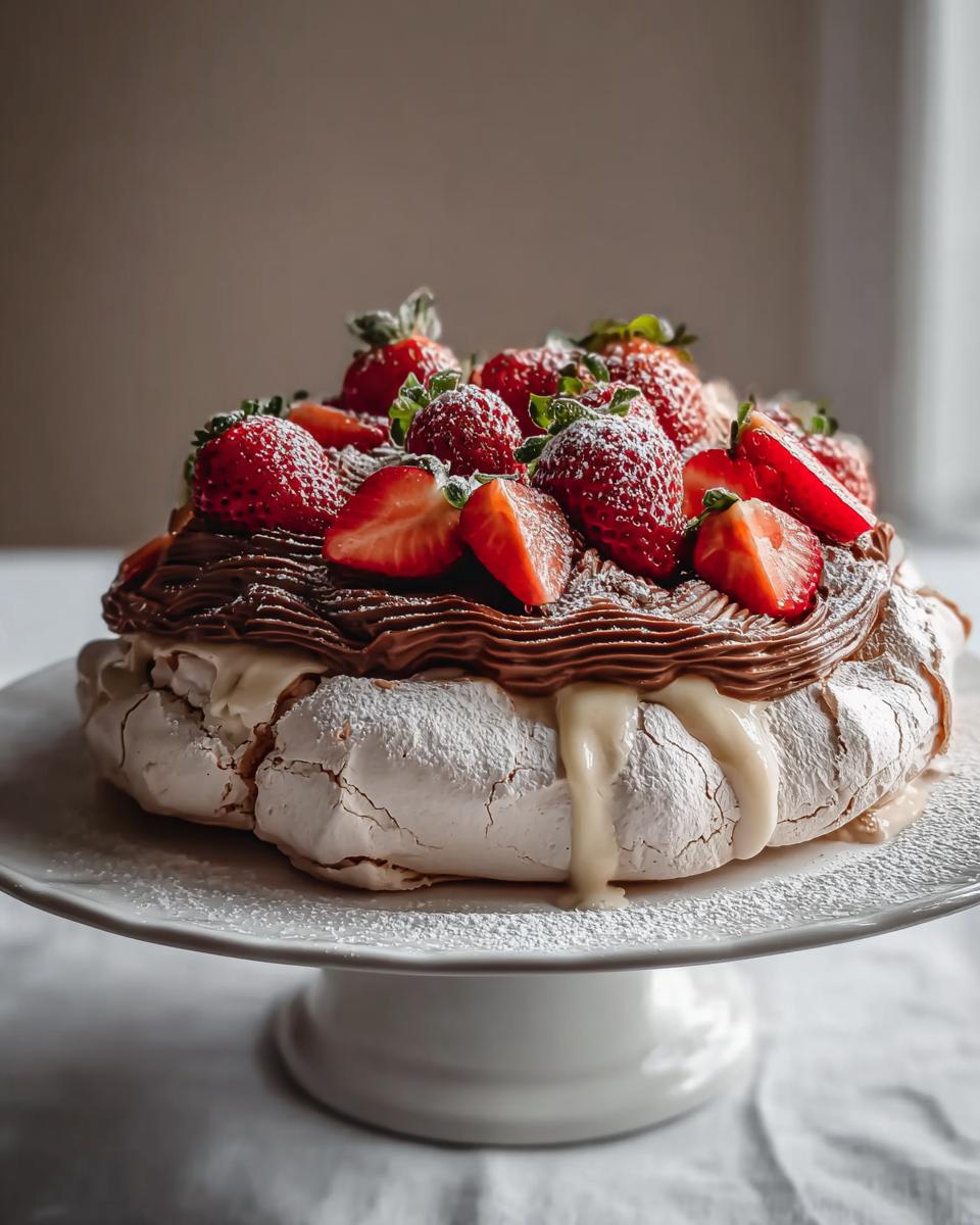 A stunning Strawberry Pavlova Nigella Lawson Inspired Dessert, topped with fresh strawberries and chocolate ganache.