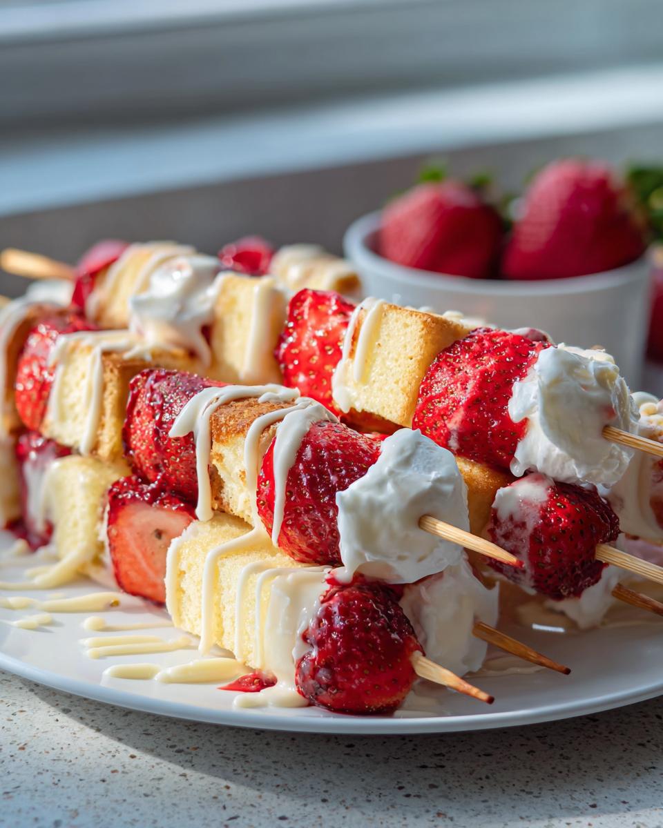 Close-up of delicious Strawberry Shortcake Kabobs on a white plate, drizzled with white glaze and topped with whipped cream.