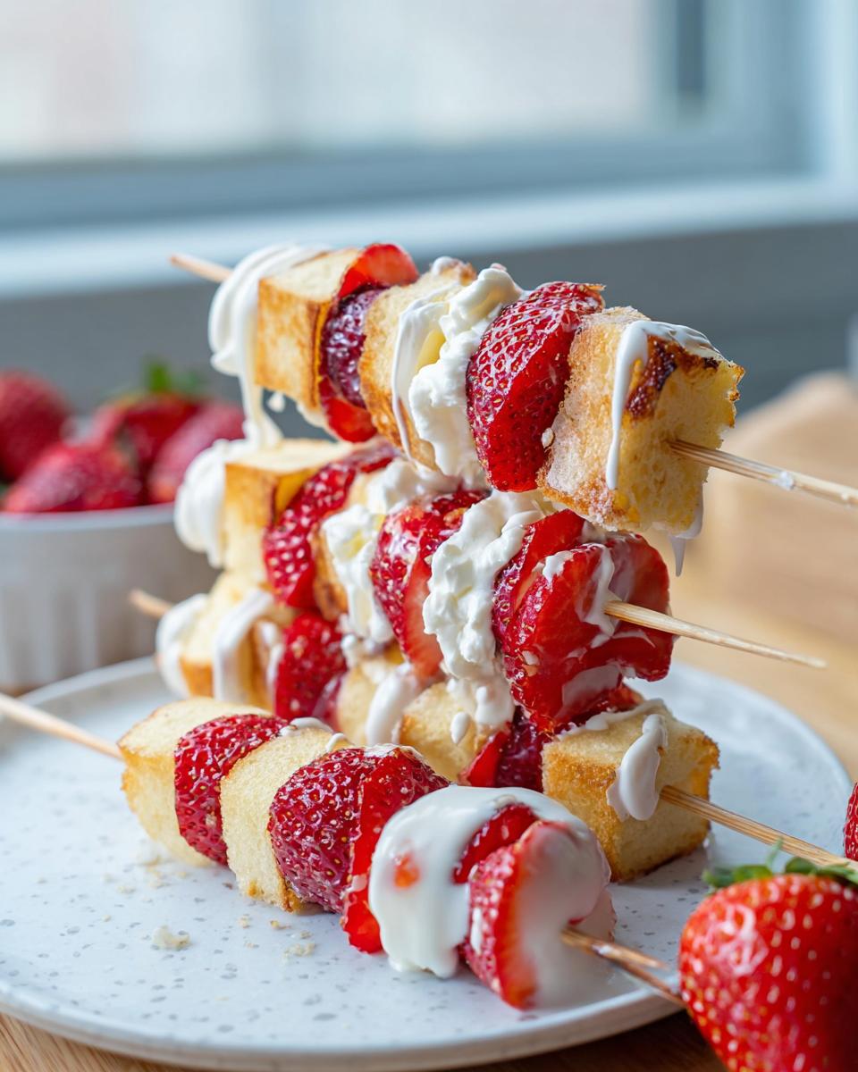 A stack of Strawberry Shortcake Kabobs featuring alternating pieces of pound cake and fresh strawberries, drizzled with whipped cream.