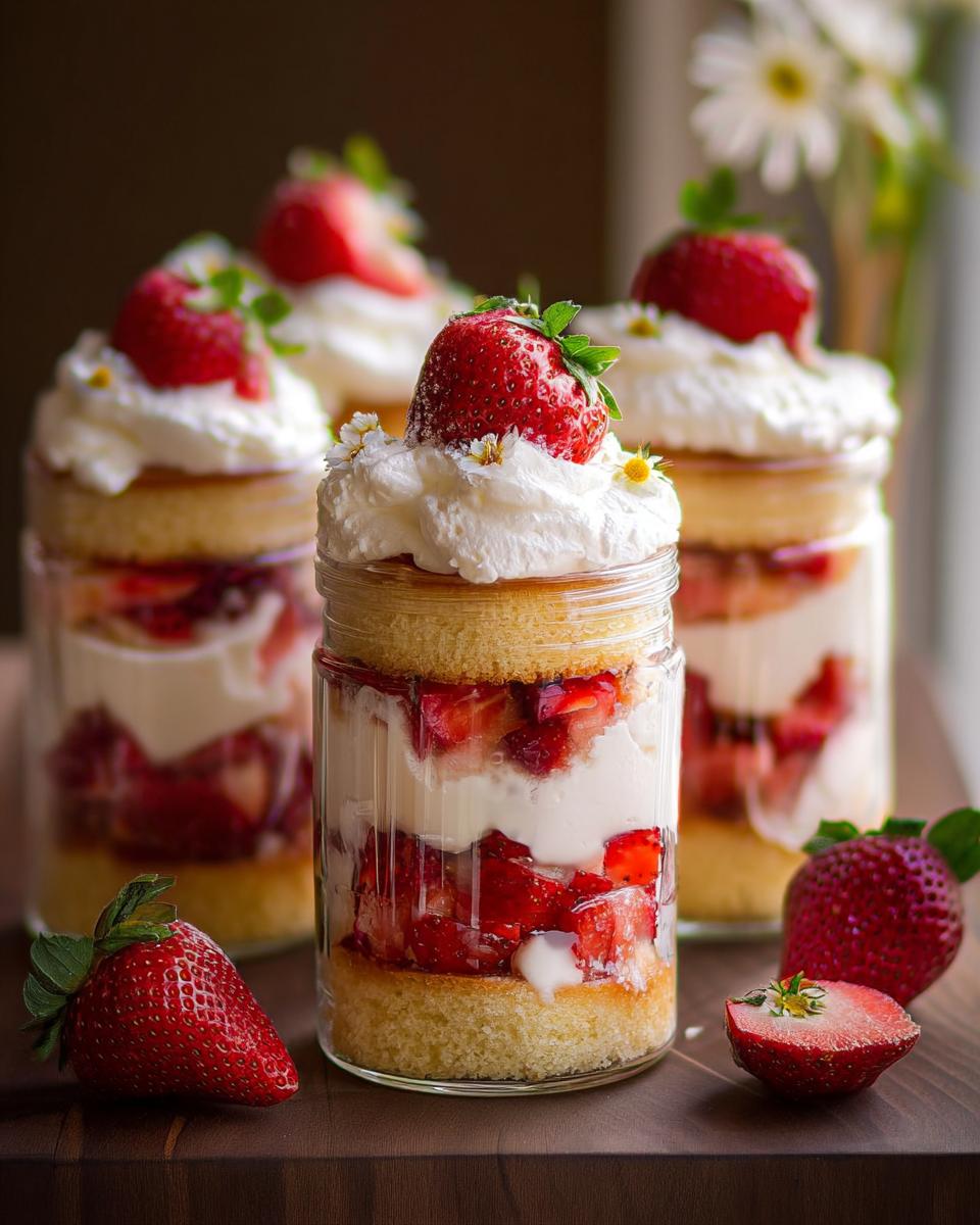 Close-up of layered Strawberry Shortcake Trifles in glass jars, topped with whipped cream and fresh strawberries.