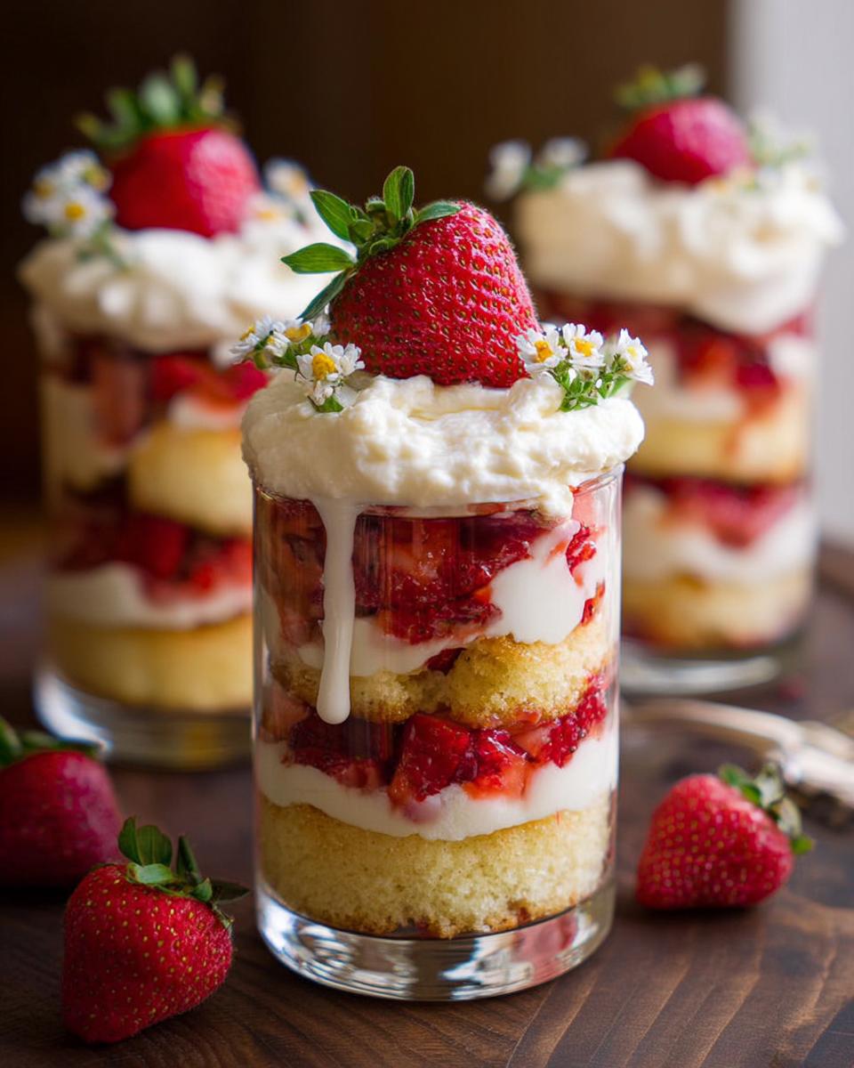 Close-up of a layered Strawberry Shortcake Trifle in a glass, topped with whipped cream, a strawberry, and small white flowers.