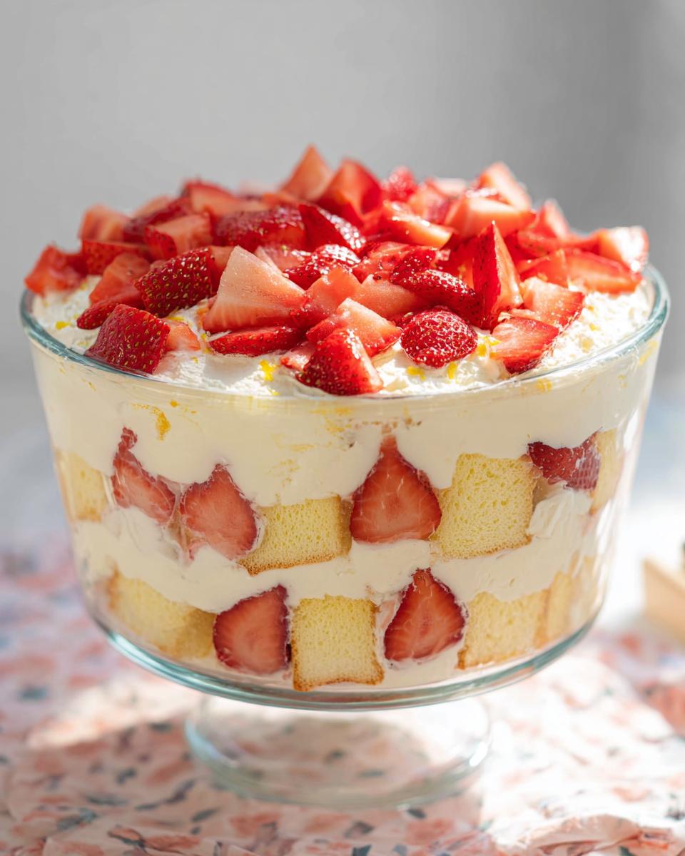 A beautiful Strawberry Trifle inspired by Nigella Lawson, layered with sponge cake, cream, and fresh strawberries.