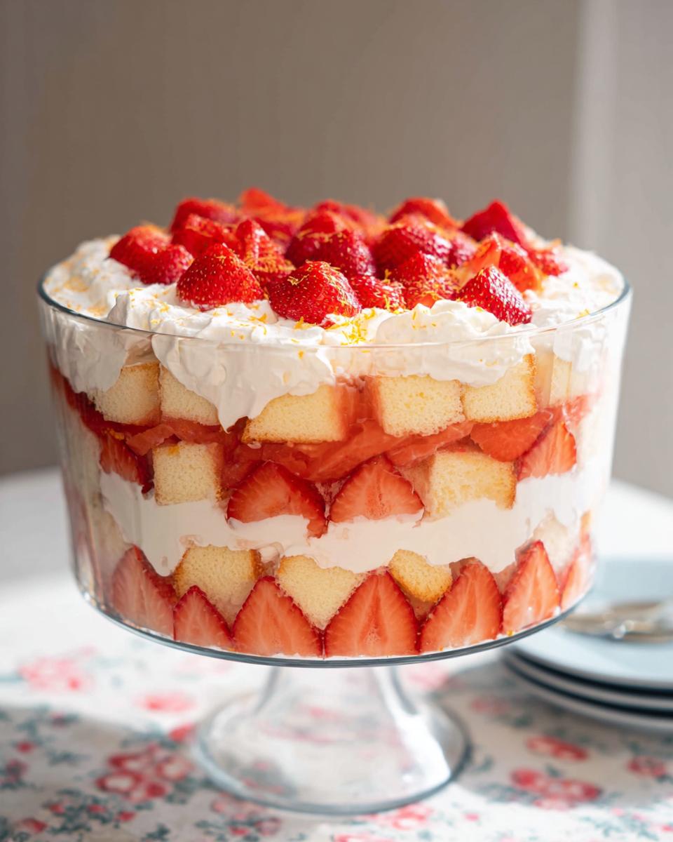 A layered Strawberry Trifle Inspired by Nigella Lawson in a glass bowl, featuring sponge cake, cream, and fresh strawberries.