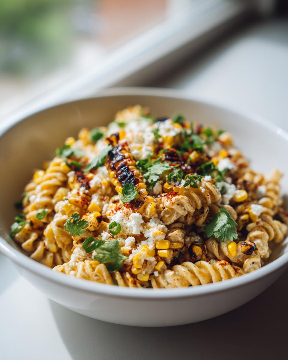 A close-up of a bowl of street corn pasta salad with fusilli pasta, corn, crumbled cheese, cilantro, and chili powder.