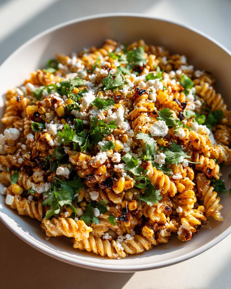 A close-up of a bowl of street corn pasta salad featuring fusilli pasta, corn, crumbled cheese, and cilantro.