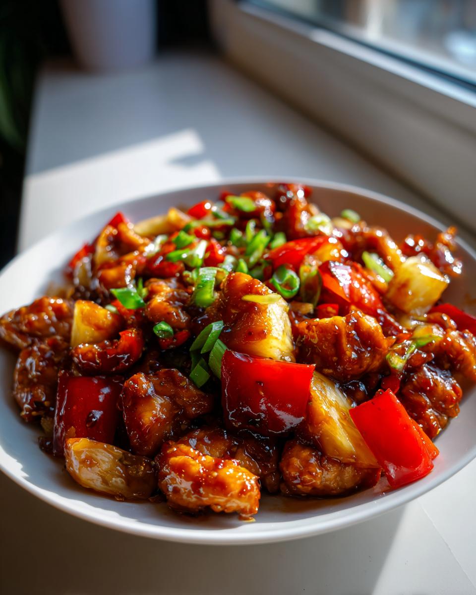 A close-up of teriyaki chicken with pineapple, bell peppers, and green onions in a glossy sauce.